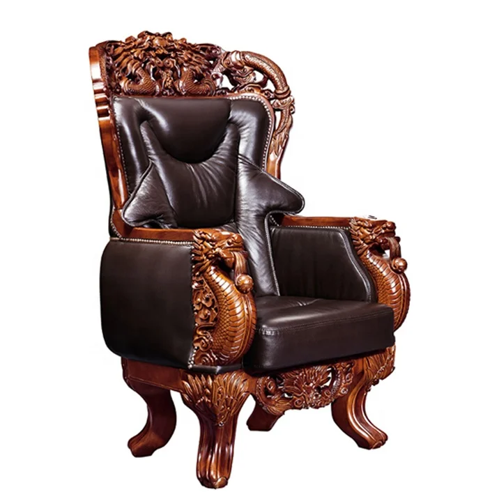 
Asian brown leather four legs dragon office chair luxury boss chair for chairman 