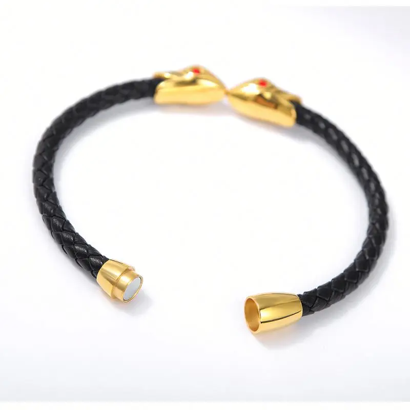 Custom Wholesale Mens Jewelry Braided Leather Stainless Steel Black Double Snake Bangle