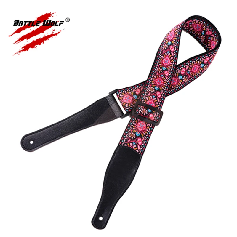 Wholesale Woven Jacquard Weave Different Style Wear Resisting Real Leather Ends Strap for Guitar Strap