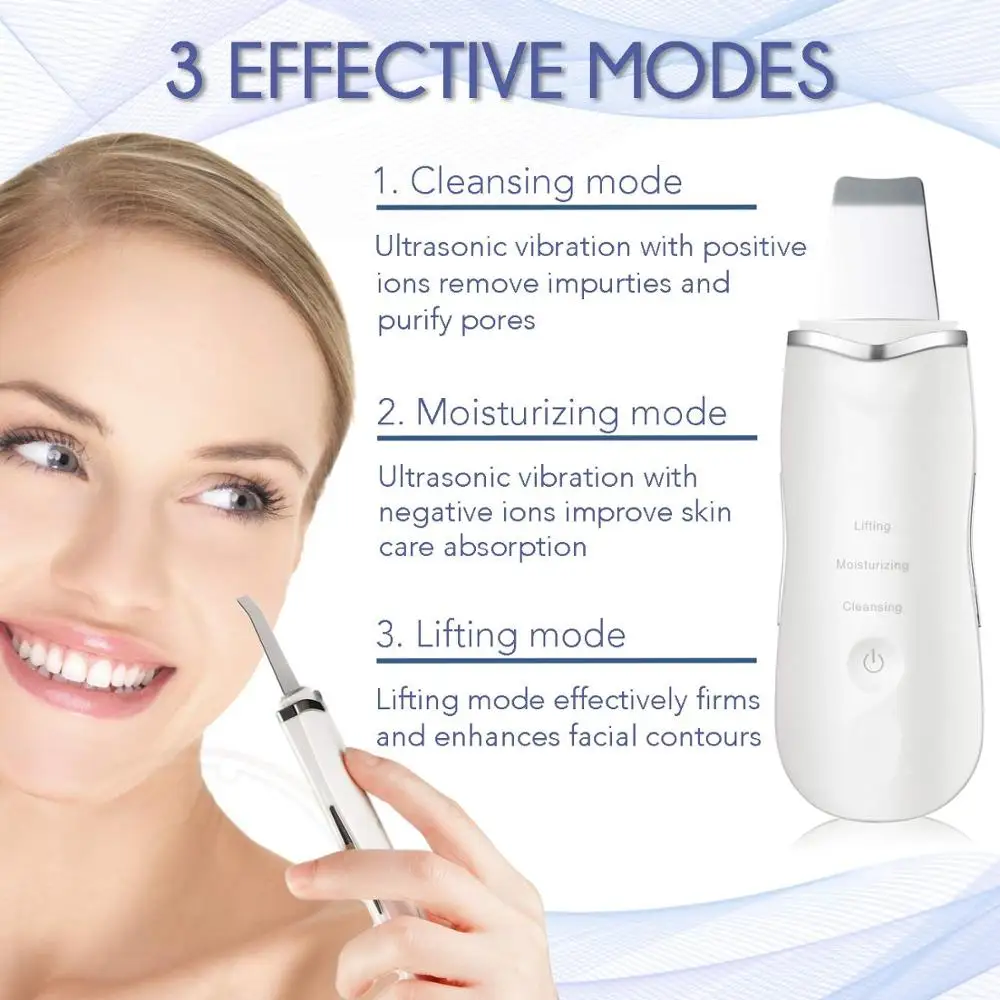 Rechargeable Deep Cleaning Professional Portable Waterproof Skin Whitening Facial Ultrasonic Skin Scrubber Spatula