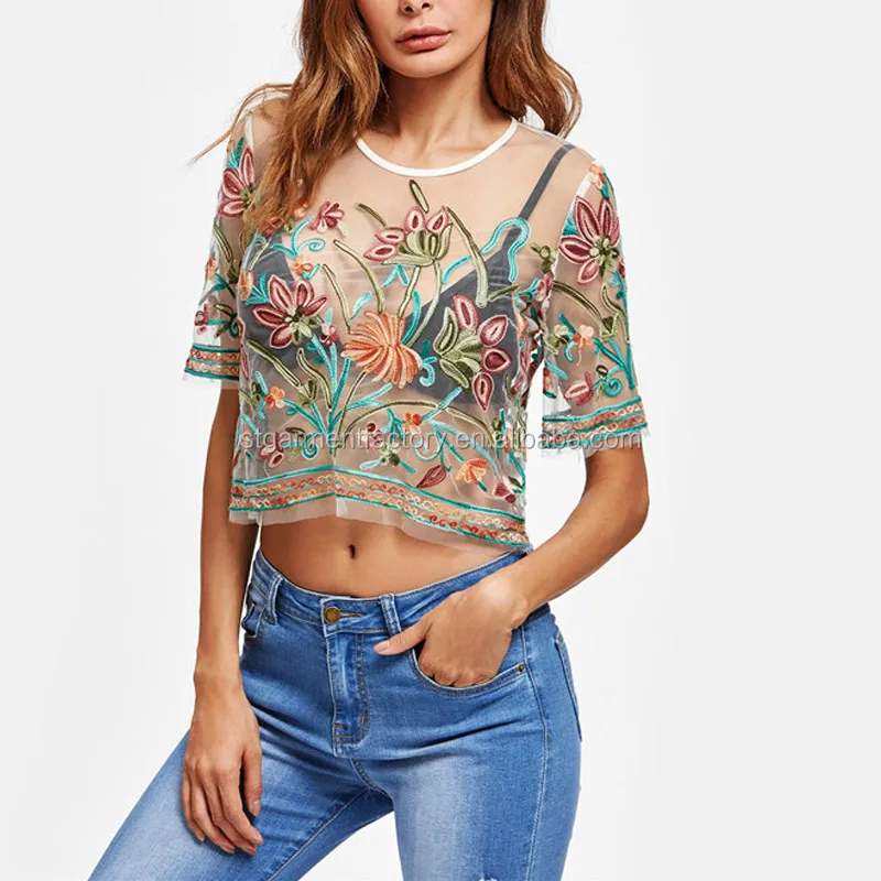Summer Fashion Sexy Mesh Lace Tops Casual Women Embroidery Blouse Embroidered Shirt Clothes Sta-00297 Transparent Western Design