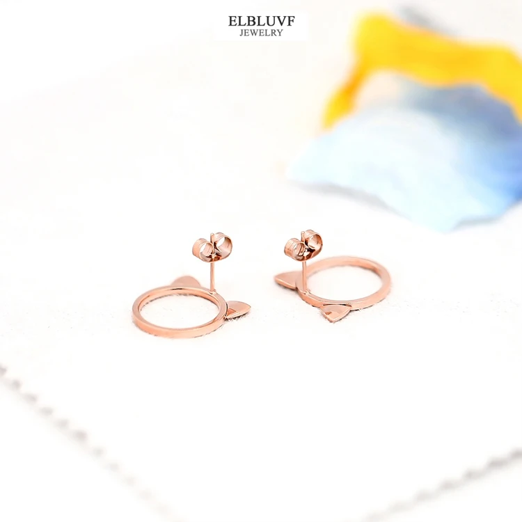 
ELBLUVF Free Shipping Stainless Steel 18K Rose Gold Plated Animal Cat Ears Cat Stud Earrings Jewelry 