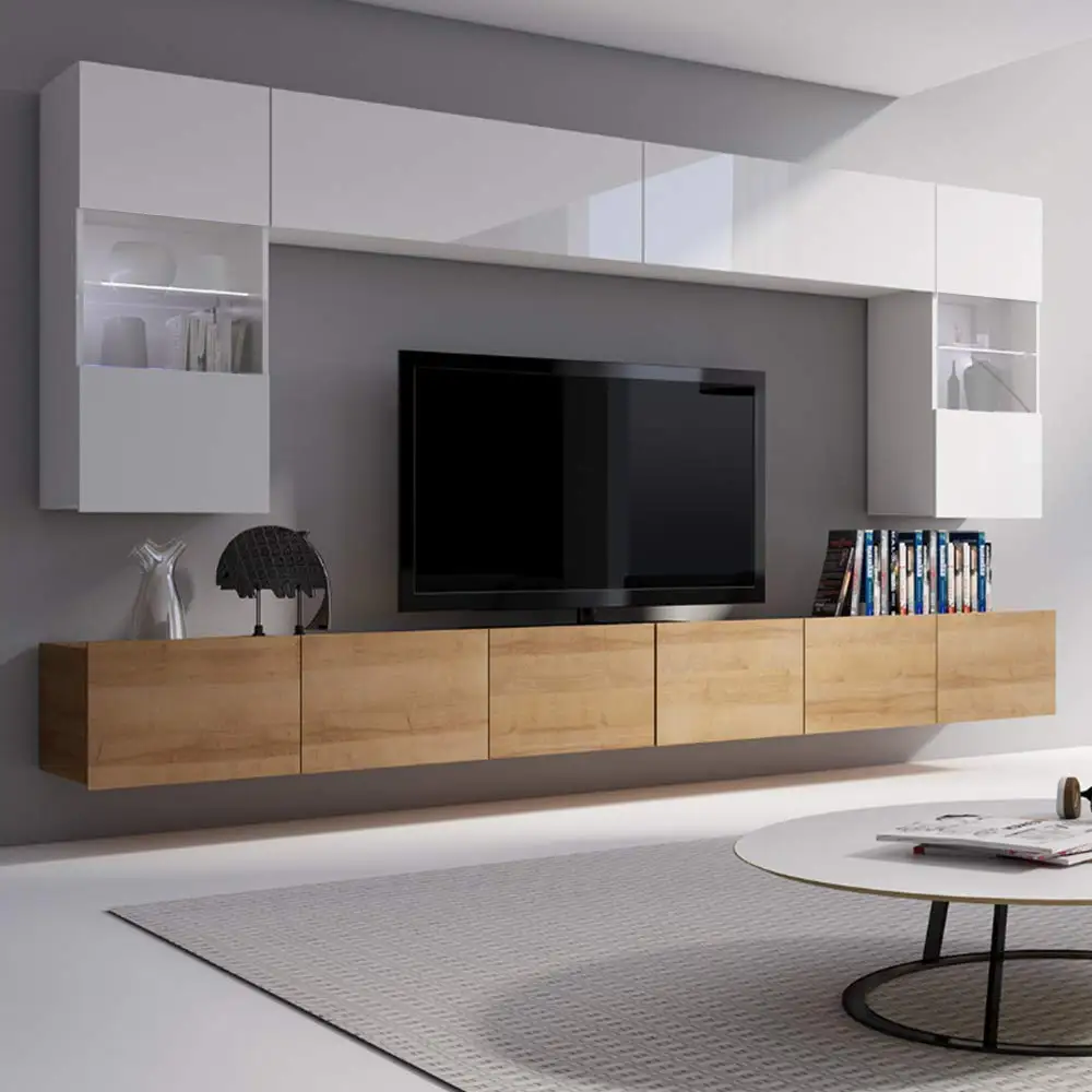 Hot sale high quality Floating Wall Mounted LED High Gloss UV TV Stand Set With Storage for Apartment