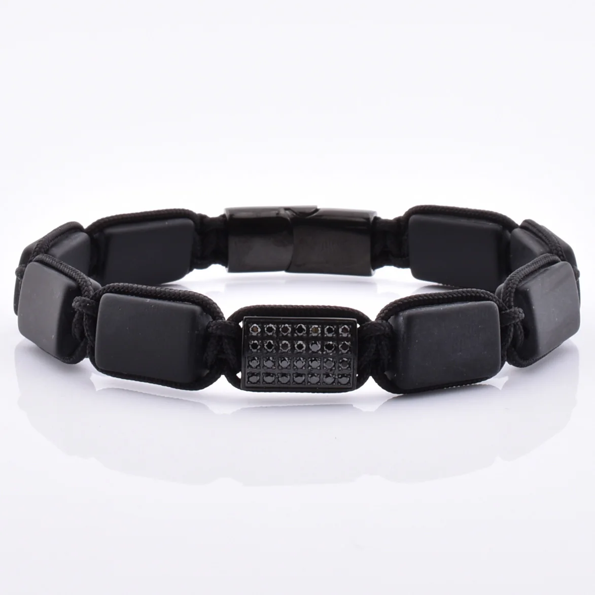Wholesale Fashion Black Magnetic Clasp Onxy Flat Stone Bracelet for Men CZ Zincon Luxury Charm Bracelet