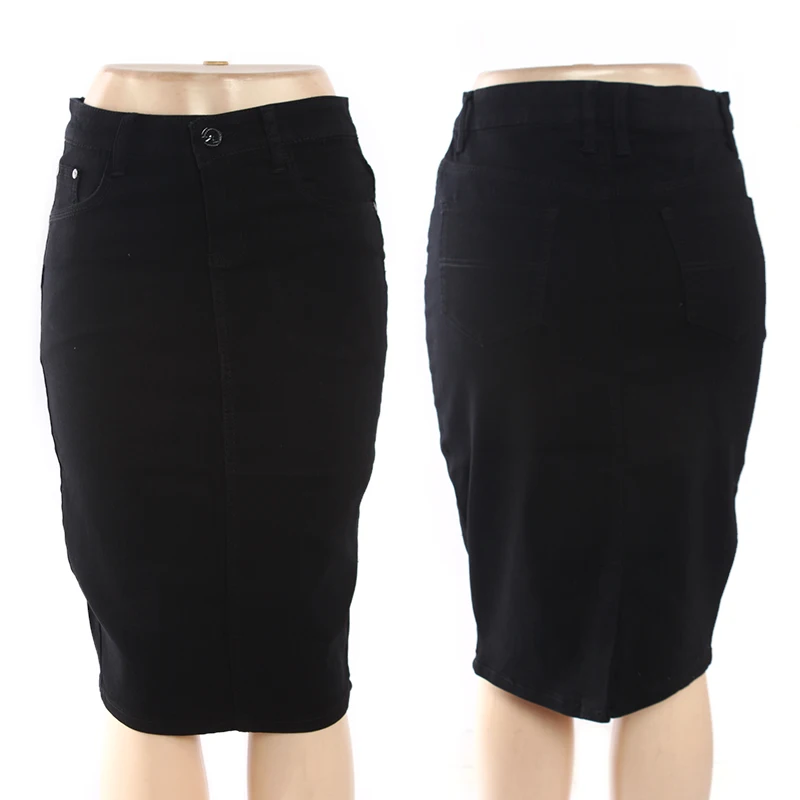 Lady New Design Vent Jean Fabric Black Pencil Bodycon Denim Skirt