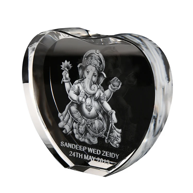 High Quality Heart Shape K9 Crystal 3D Laser Ganesha Crystal Figures