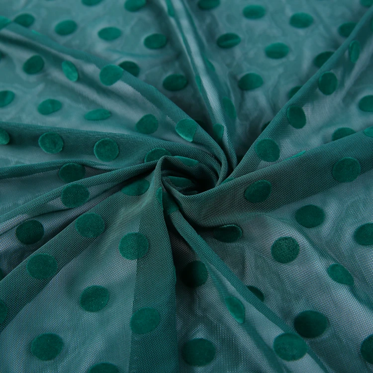 
Custom wholesale green polka dot design polyester mesh flock printing fabric knitted 