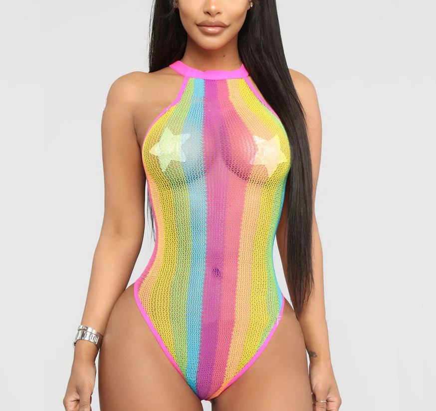 Sexy One Piece  Rasta Colourful Striped Thong Bikini Swimsuit Mini Transparent Bikini