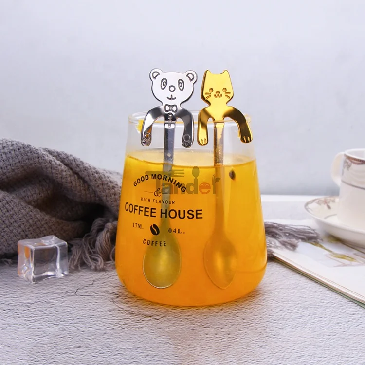 Cat Spoon Coffee Tea Spoon Set Stainless Steel Hanging Cup Teaspoons Mini Long Cute Kitten Stirring Dessert Spoon