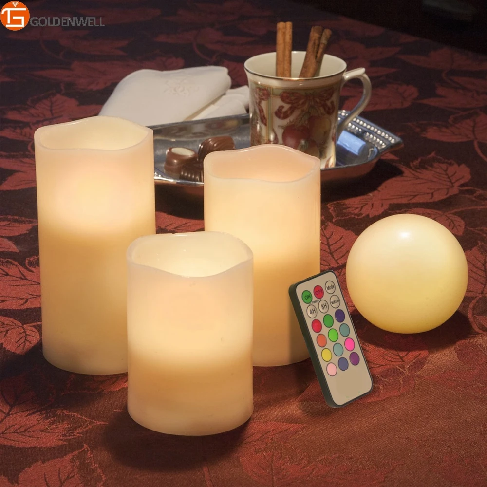 3 Piece Flickering Flameless LED Wax Pillar Candles Set with Remote Control and BONUS LED Ball Candle