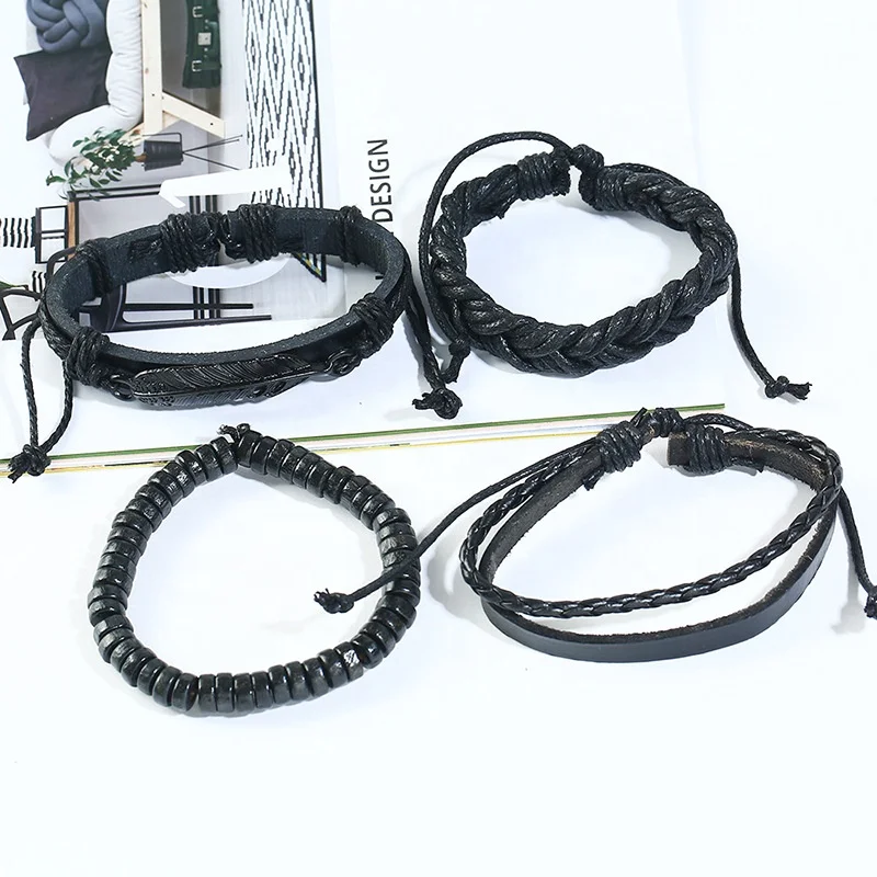 adjustable cheap set artificial wax string braided wood bead leather bracelet feather for men