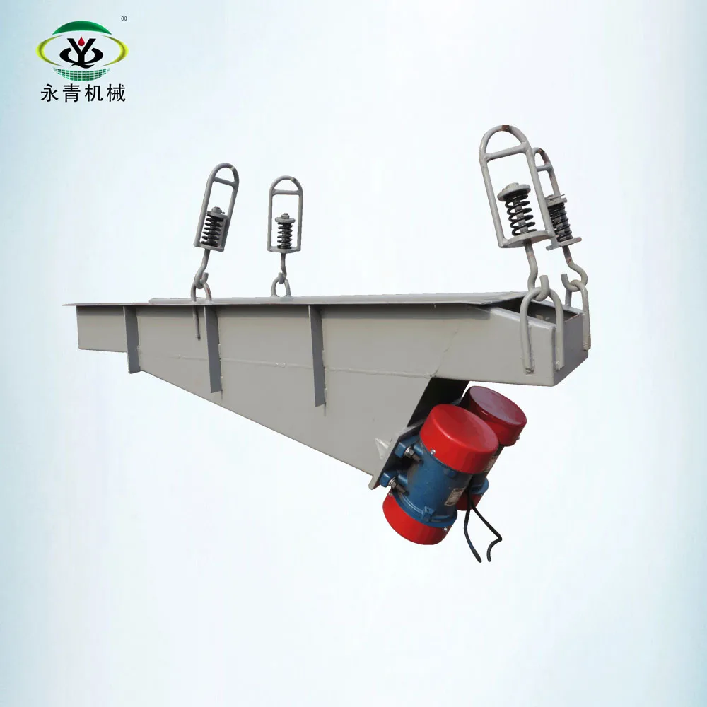 Vibrating feeder conveyor with vibration motors for grain processing