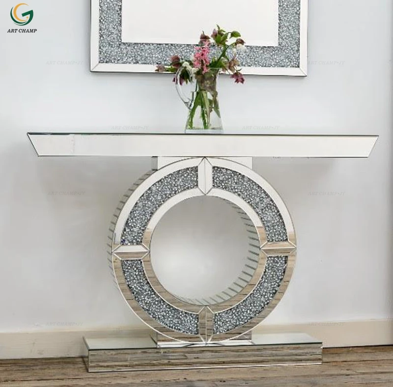 Modern home furniture diamond crush wood silver mirrored glass console table luxury