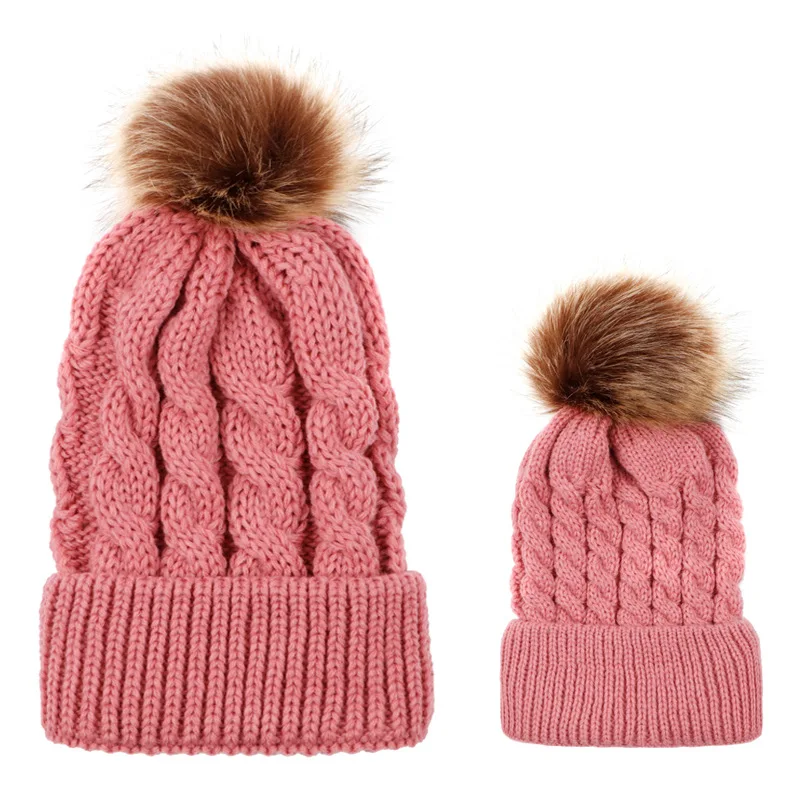 Mom Baby Kid Winter Warm Fox Fur Ball Beanie Hat Mommy boys Mother Daughter Cotton Knitted Parent Child Hat