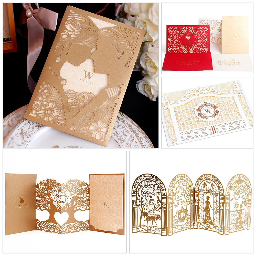 Unique Design Laser Cut Pure golden Wedding Invitation Cards
