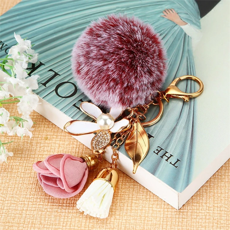 Korean Style Lovely Crystal Rhinestone Flower Bag Charm Fur Ball Keyring Fluffy pom pom Fur Ball Pendant Keychain
