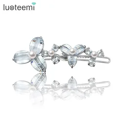 LUOTEEMI White Gold CZ Women Girl Bohemia Bridal Flower Orchid Hair Clip Hairpins Barrette Wedding Decoration Hair Accessories