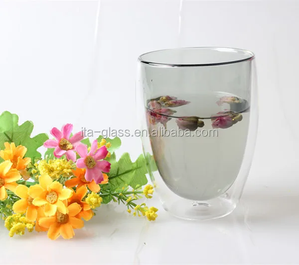 glassware factory competitive price 350ml inside color gray outside clear double wall beer acrylic wine glass tumbler for drink