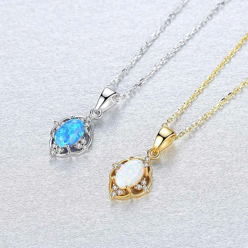 CZCITY 925 Sterling Silver Stylish Necklace Gold Plated Fashion Girls Fire Opal Pendant Necklaces Jewelry