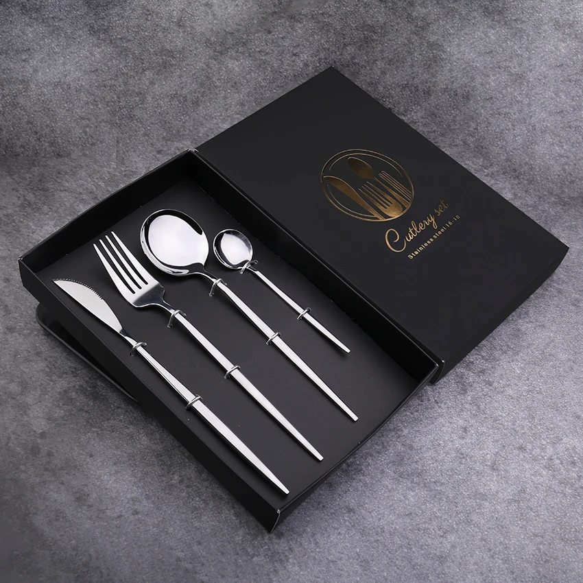 
Promotional Festival Souvenir Stainless Steel Gift Box Knife Fork Spoon Set Gold Plate Cutlery Set 