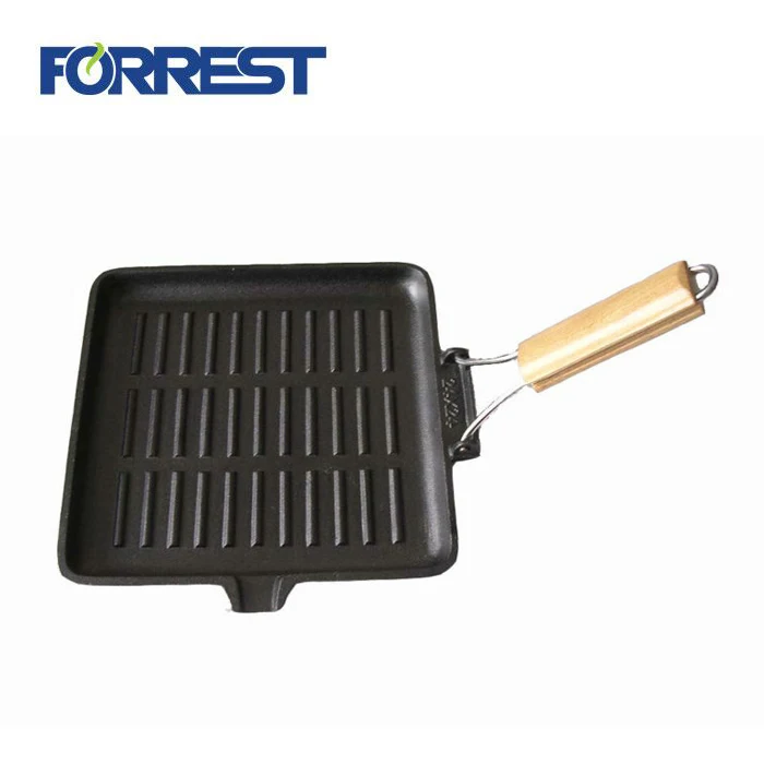 Hot Sale Cast Iron Steak Frying Pan Square Gril Dishl Pan With Removable Wooden  Handle