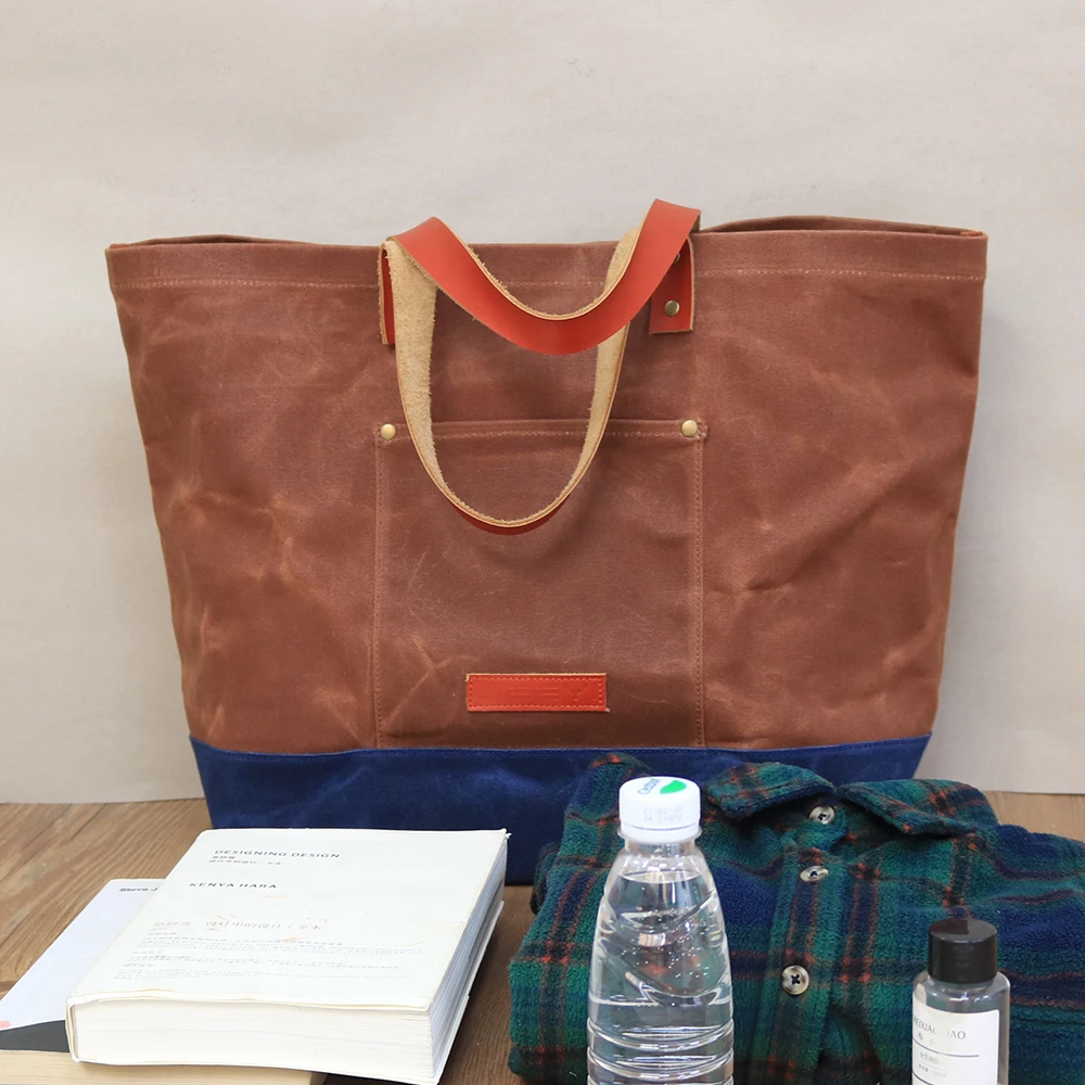 CHANGRONG Custom vintage brown waxed leather canvas large tote bag for travel