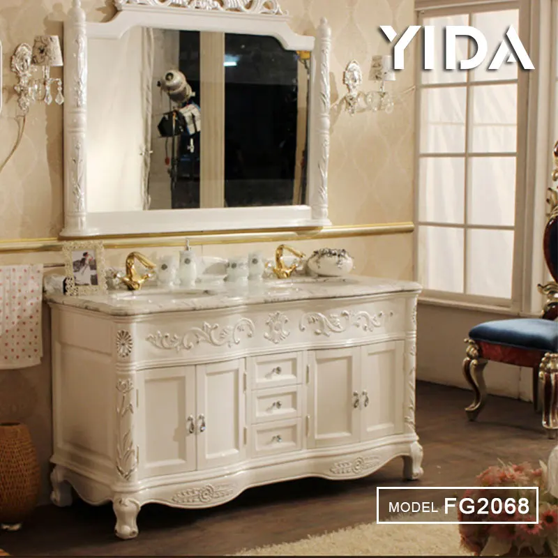 Classic Retro beige Bathroom Vanity Antique Wooden Bathroom Vanity with mirror