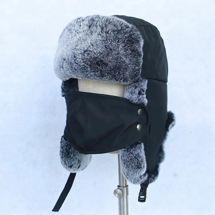 2023 new type SKI MASK rex rabbit fur hat  Russian winter FUR hat with mouth-muffle