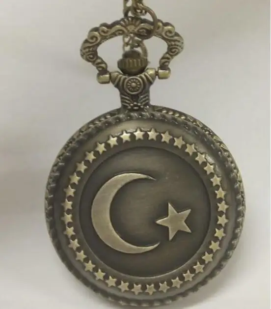 Antique Bronze Muslim Turkish Flag Design Moon Star Circle Quartz Pocket Watch Necklace Clock Pendant With Chain Men Women Gift