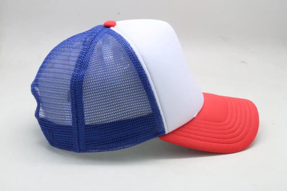 custom foam turcker cap mesh fabric blank design white panel with red brim and blue mesh Snapback Cap