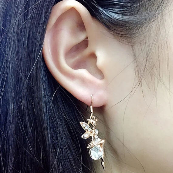 New design fairy white ball crystal earrings Angel wing rhinestone drop earrings lovely cute women angel earring jewelry