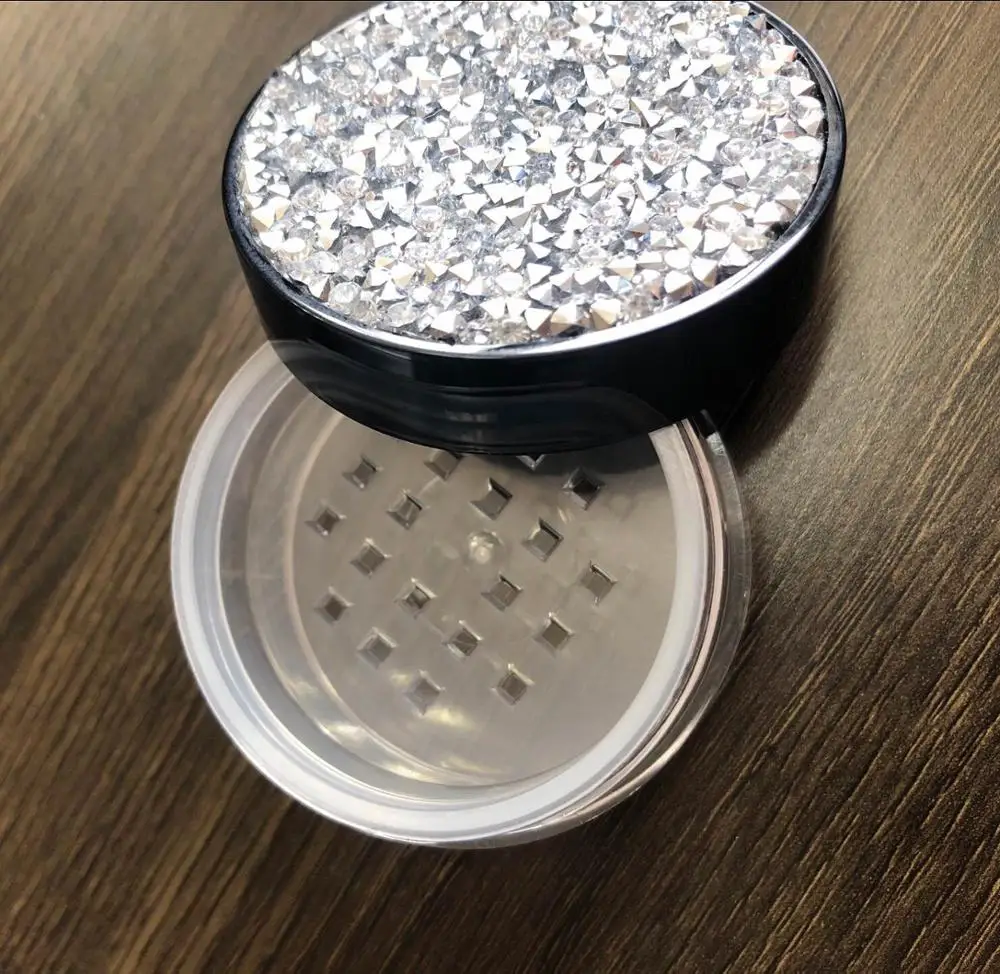 
Low MOQ 10g luxury diamond plastic round loose powder container / jar / packaging / case / box with sifter 
