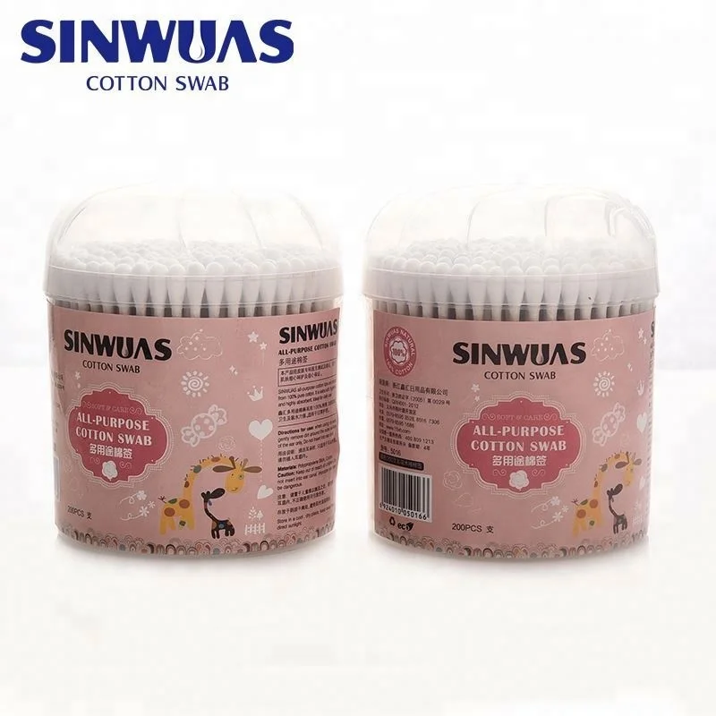 Round box OEM design healthy double pure cotton ear bud with wooden stick