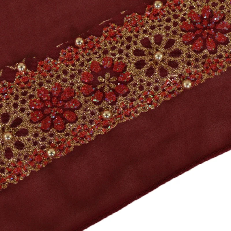 Hot Sale Muslim Ethnic Women Pearl Lace Chiffon Monochrome Bandana Scarf Hijab Shawl