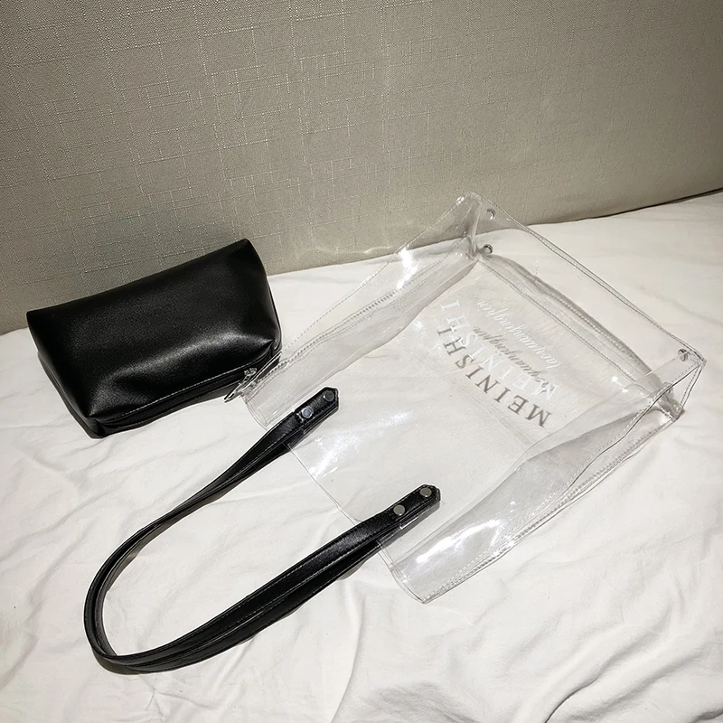 
Women Tote 2pcs Set Bags Transparent PVC Plastic PU Clear Bag 