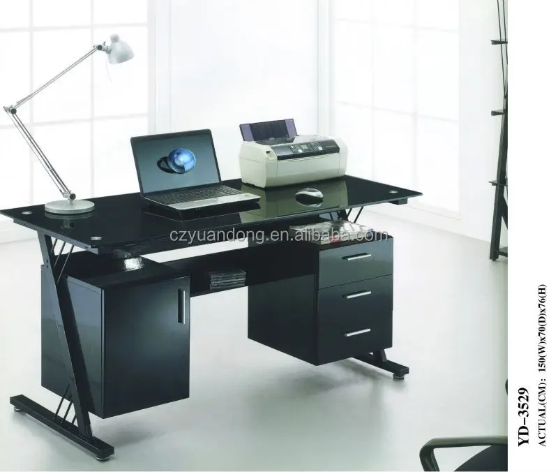 tempered glass desktop computer desk with cabinet and drawer