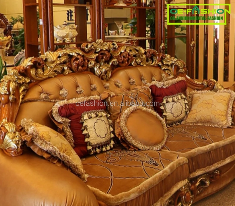 OE-FASHION Luxury Design Hand Carved Home Furniture wooden/Brown Leather Sofa