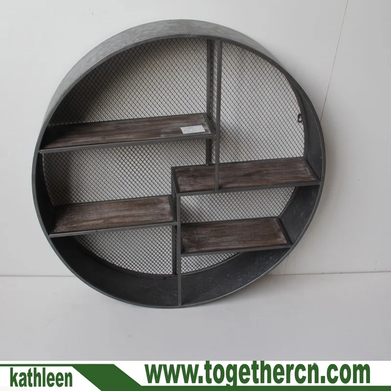 
Farmhouse Galvanized 4-Tier Rustic Torched Wood Wall Shelves with Round Black Metal Frame 
