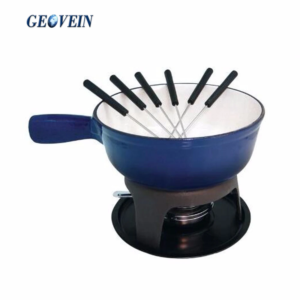 High quality Enamel fresh butter fondue with forks cast iron chocolate Fondue set for Party