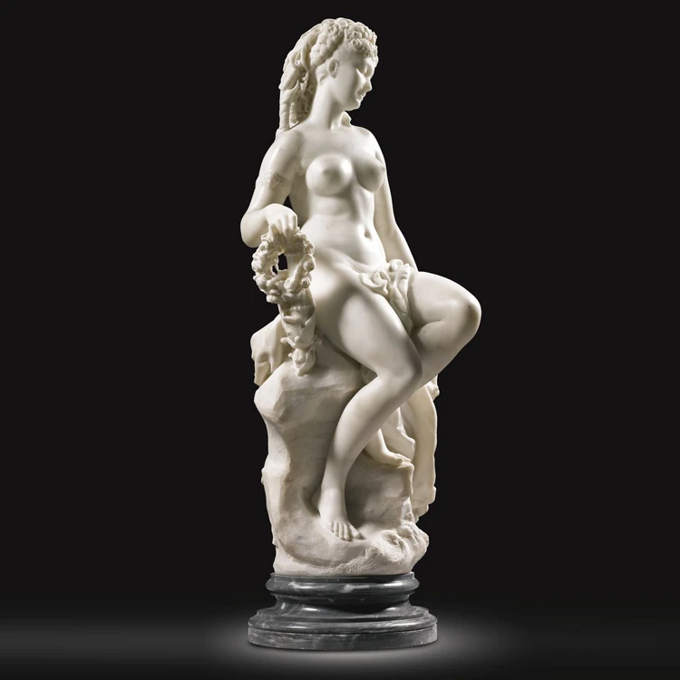 Beautiful erotic naked statue sitting on bench elegant stone nude woman sculpture