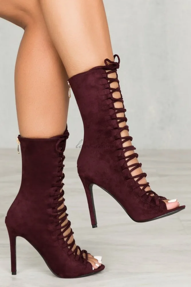 Lady Fashion Summer Front Lace Up High Heel Boots Sandals Mature Women Shoes