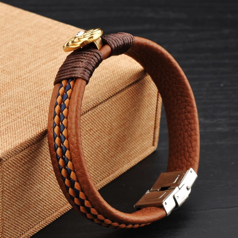 Beautiful Unique Unisex Designs Brown Leather Strap Bracelets With Gold Charms Stud