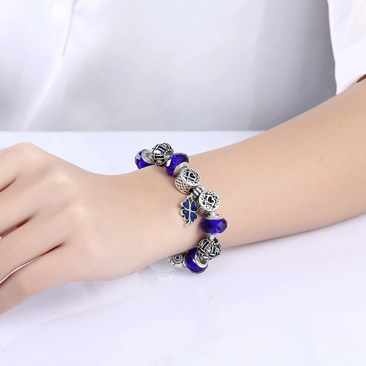 Fashion Silver Color Sapphire Glass Beads Bracelet Four Leaf Clover Enamel Metal Charm Bracelet for Women