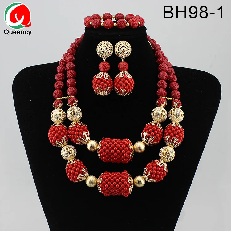 Queency High Quality African Wholesale Coral Beads Bridal Jewelry Sets Wedding Indian