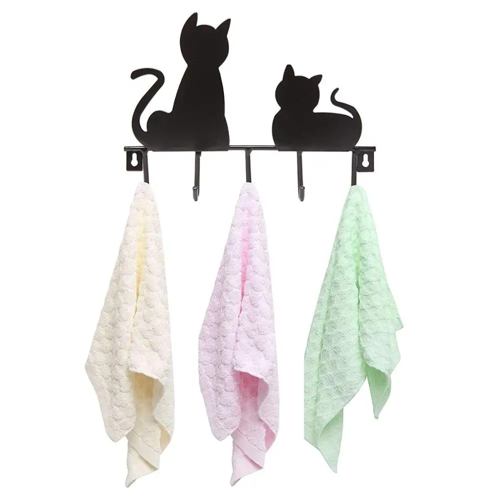 Kitty Cat Shape Black Metal Over the Door Coat Hanger Rack Organizer Shelf With 5 Hooks