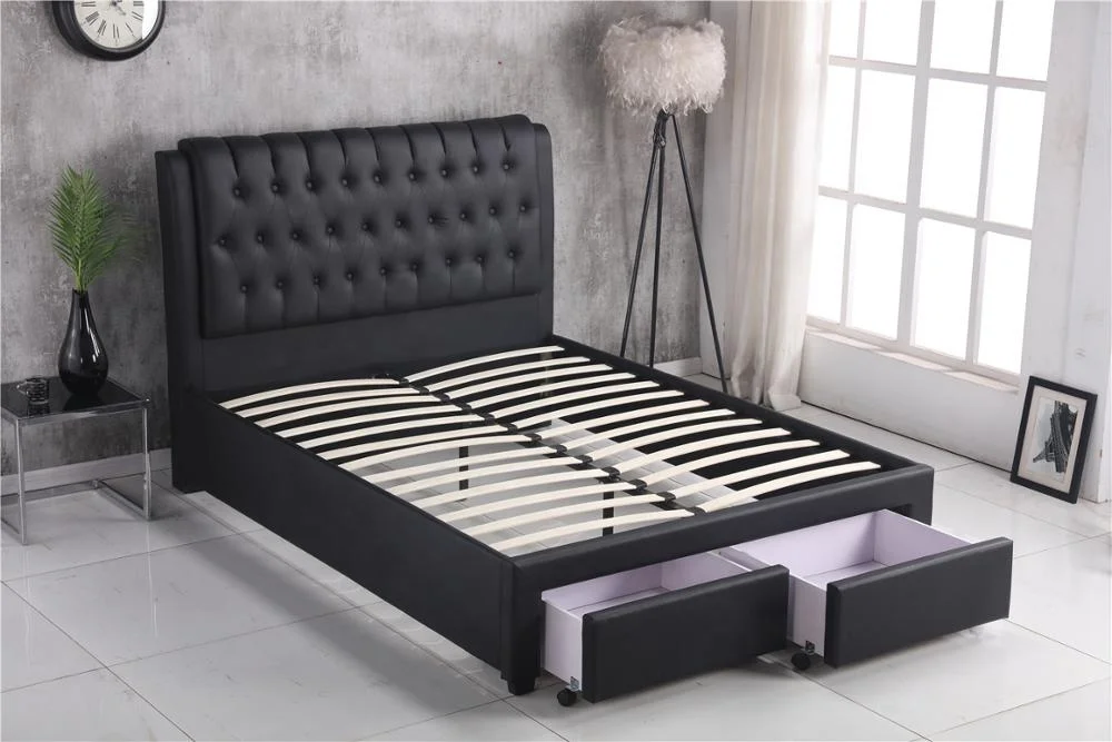 Mesmerizing Wooden Queen Bed with Tufted PU Headboard 2 Drawers