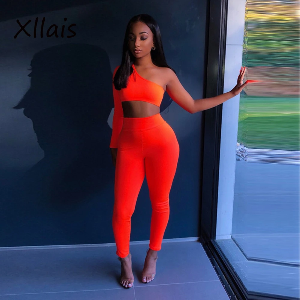 
8039 Two piece set top and pants 2018 one shoulder orange color 2 piece set tracksuit women two piece outfits sexy tweed set 