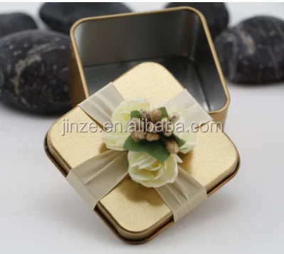 
Color Tin Candy Box Tin Supplier Can for Wedding with Flower Many Size Gold Tinplate Chocolate 4 Colors Silk Printing Customized 