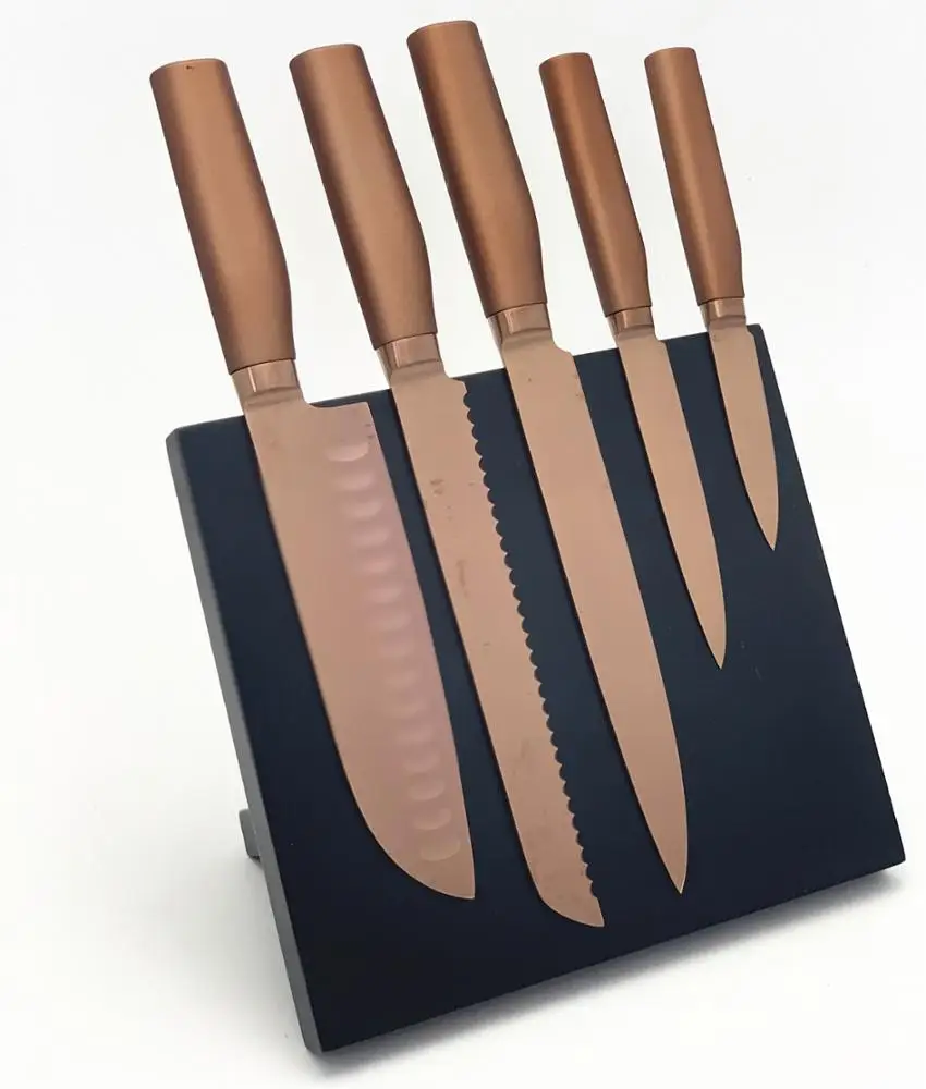 
5 Pcs Titanium Plating Stainless steel kitchen knife set with black block 