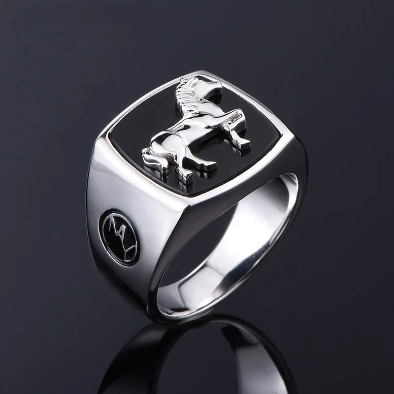 Custom personality design sterling silver 925 fashion men jewelry gift black enamel horse ring